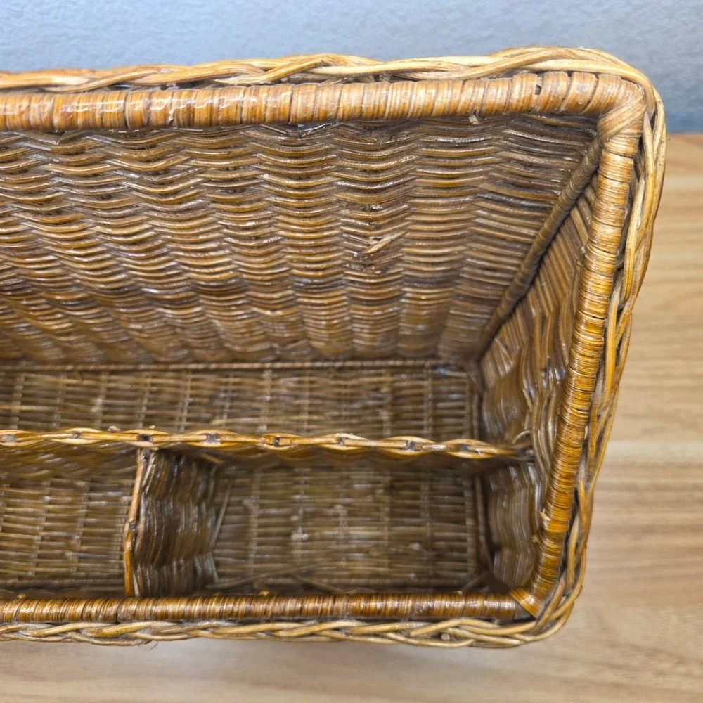 Vintage Wicker Rattan Desk Top Organizer File Letter Holder Storage Basket